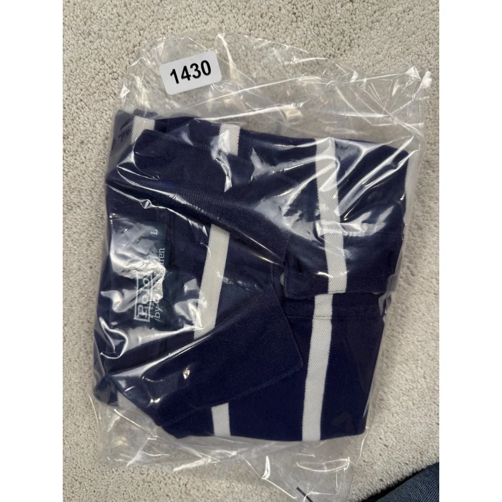 RALPH LAUREN POLO Men's Large Navy Striped Y2K Shirt Preppy 100% Cotton #1430